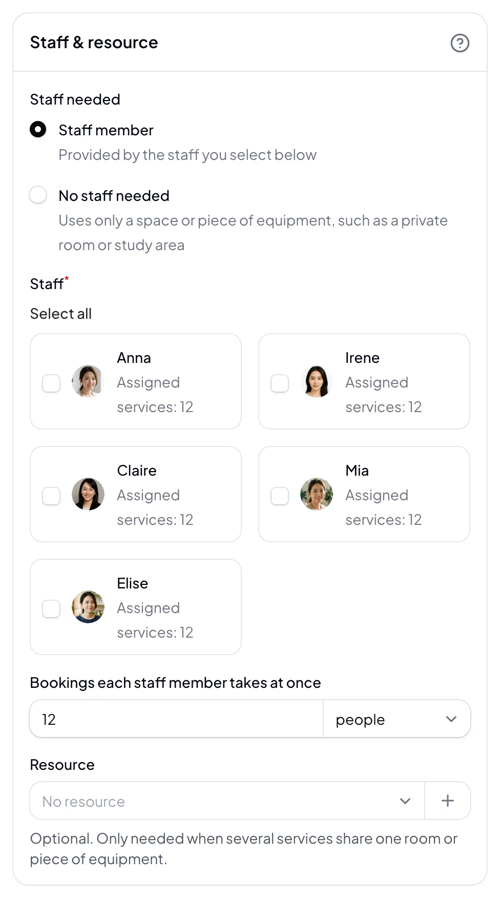Service setup, Staff & resource: staff needed, 12 people per staff member at once, resource