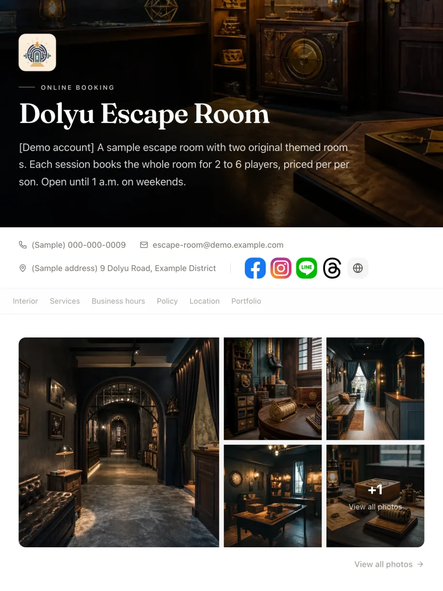 Booking page of the “Escape room” demo business