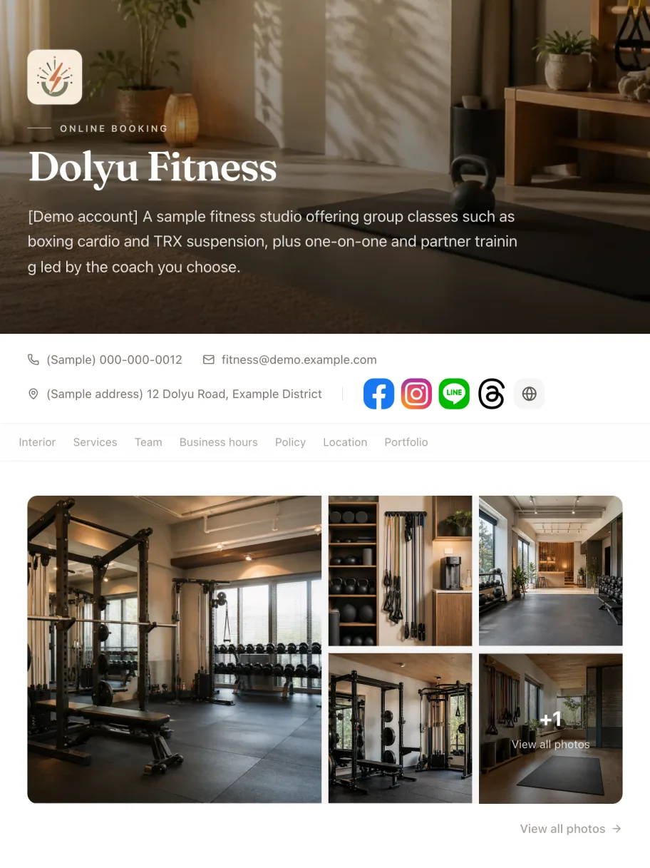 Booking page of the “Fitness training” demo business