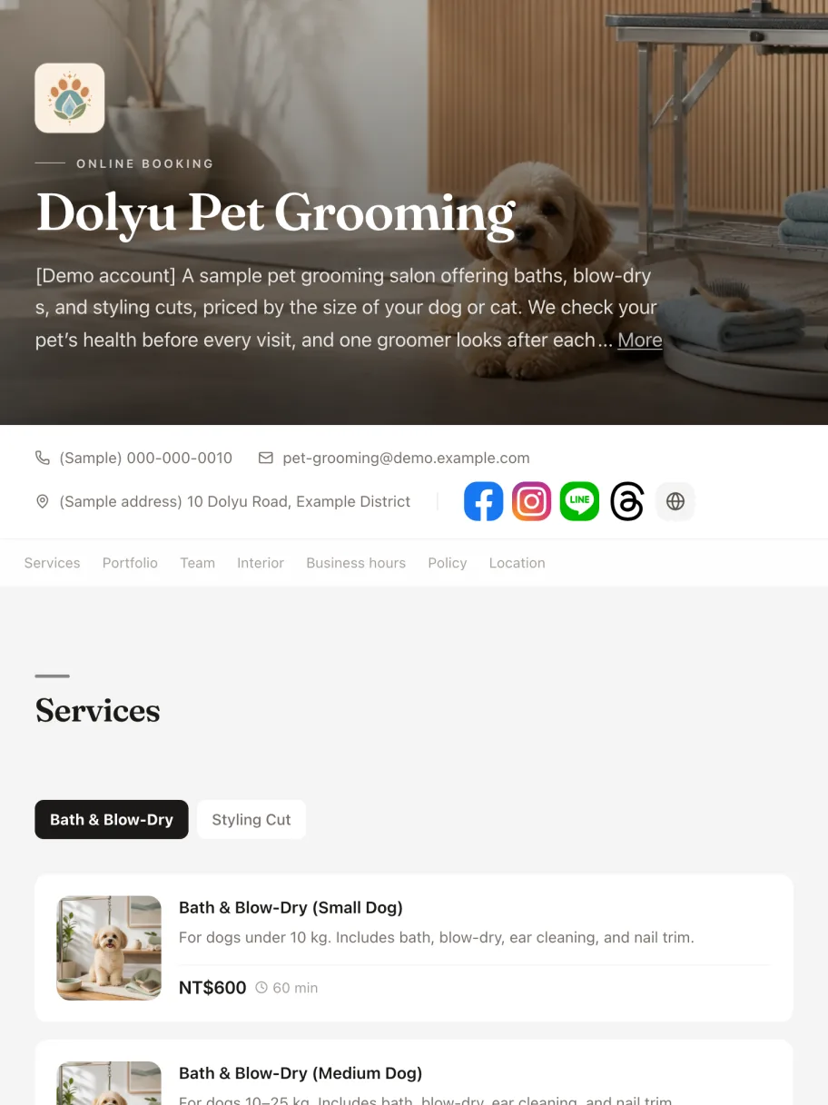 Booking page of the “Pet grooming” demo business