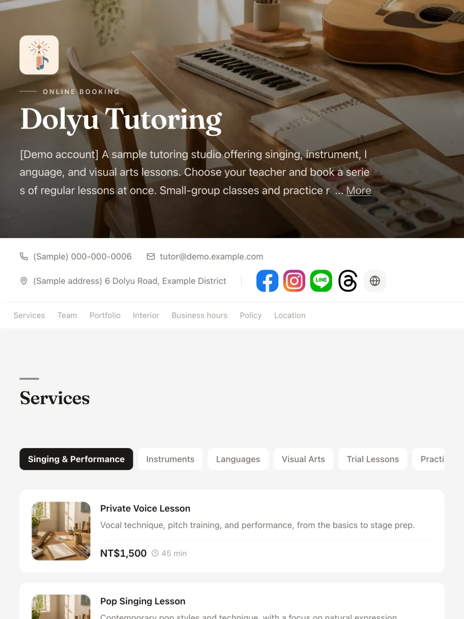 Booking page of the “Music, language, and art lessons” demo business
