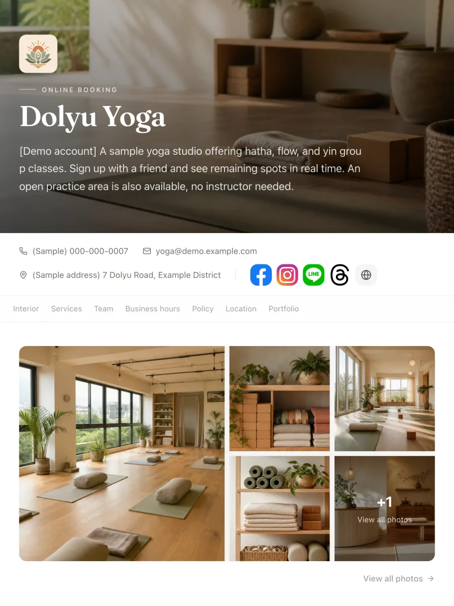 Booking page of the “Group yoga classes” demo business
