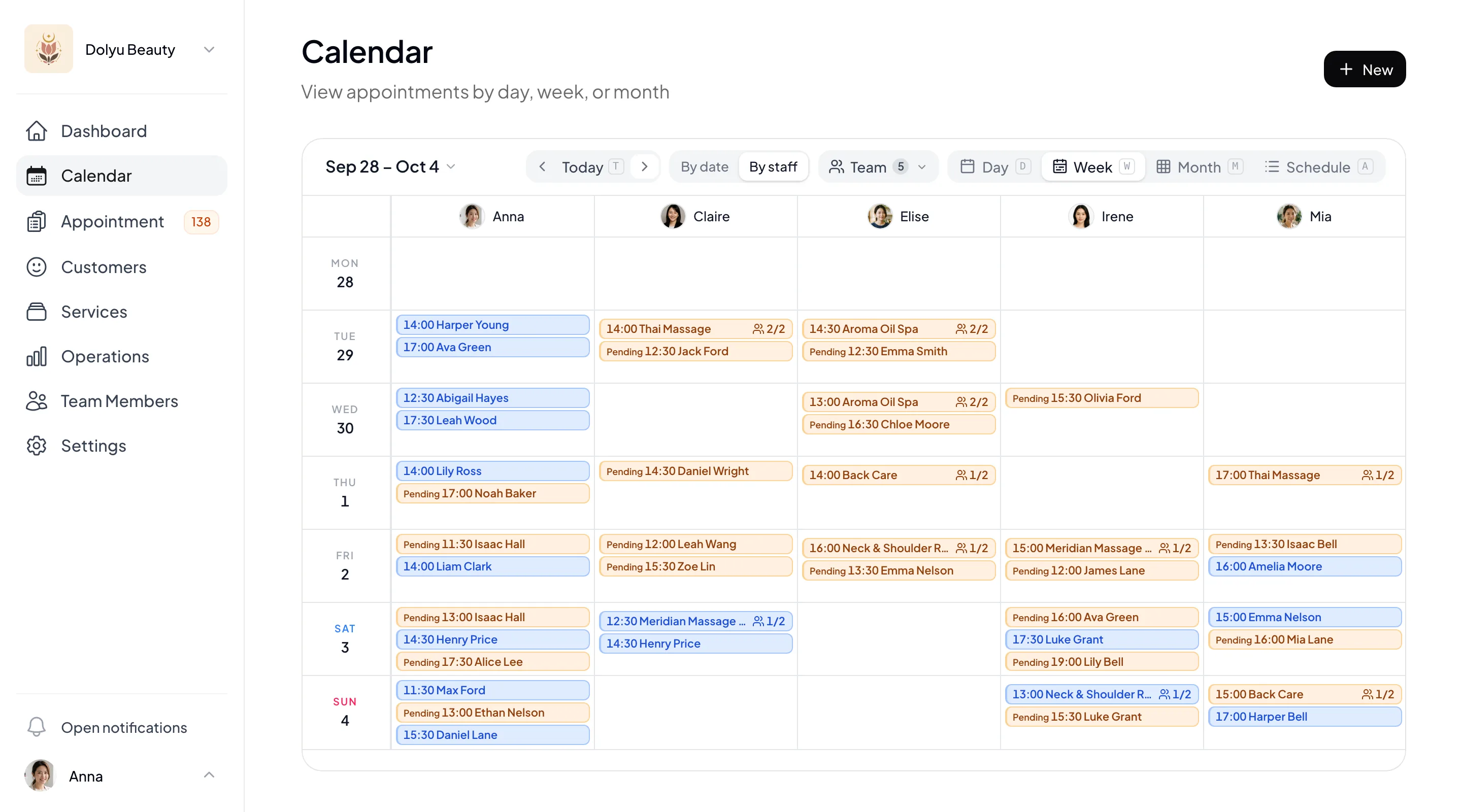 Dolyu dashboard calendar showing a week of appointments by staff member