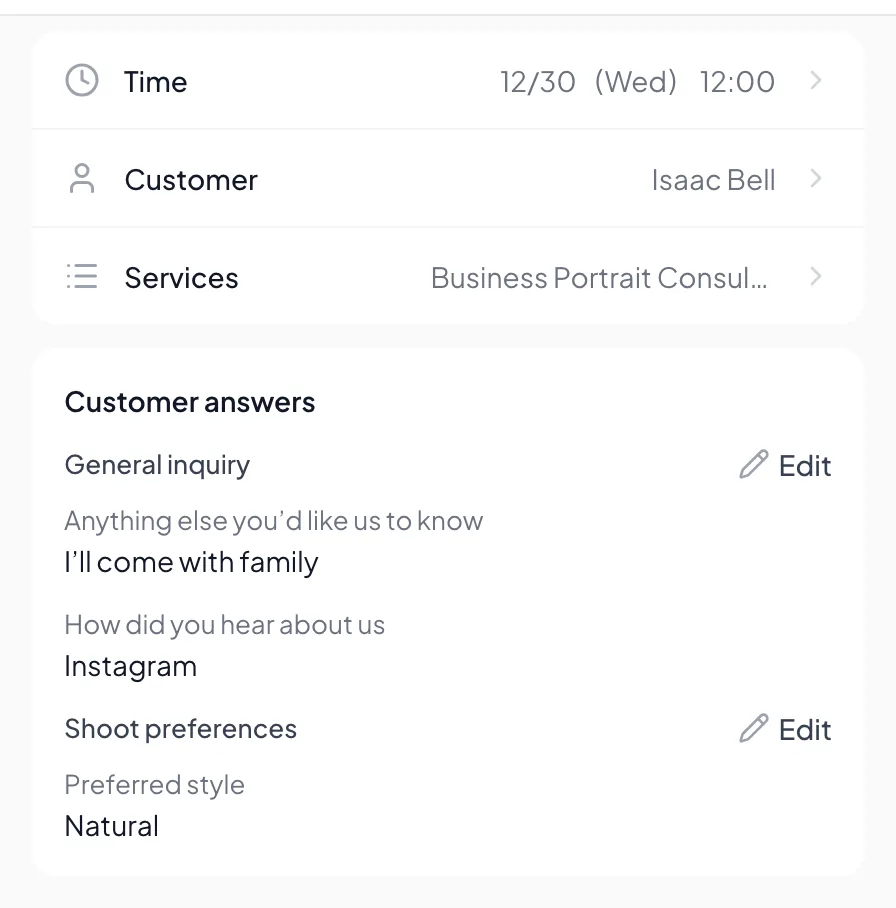 Customer answers in appointment details.