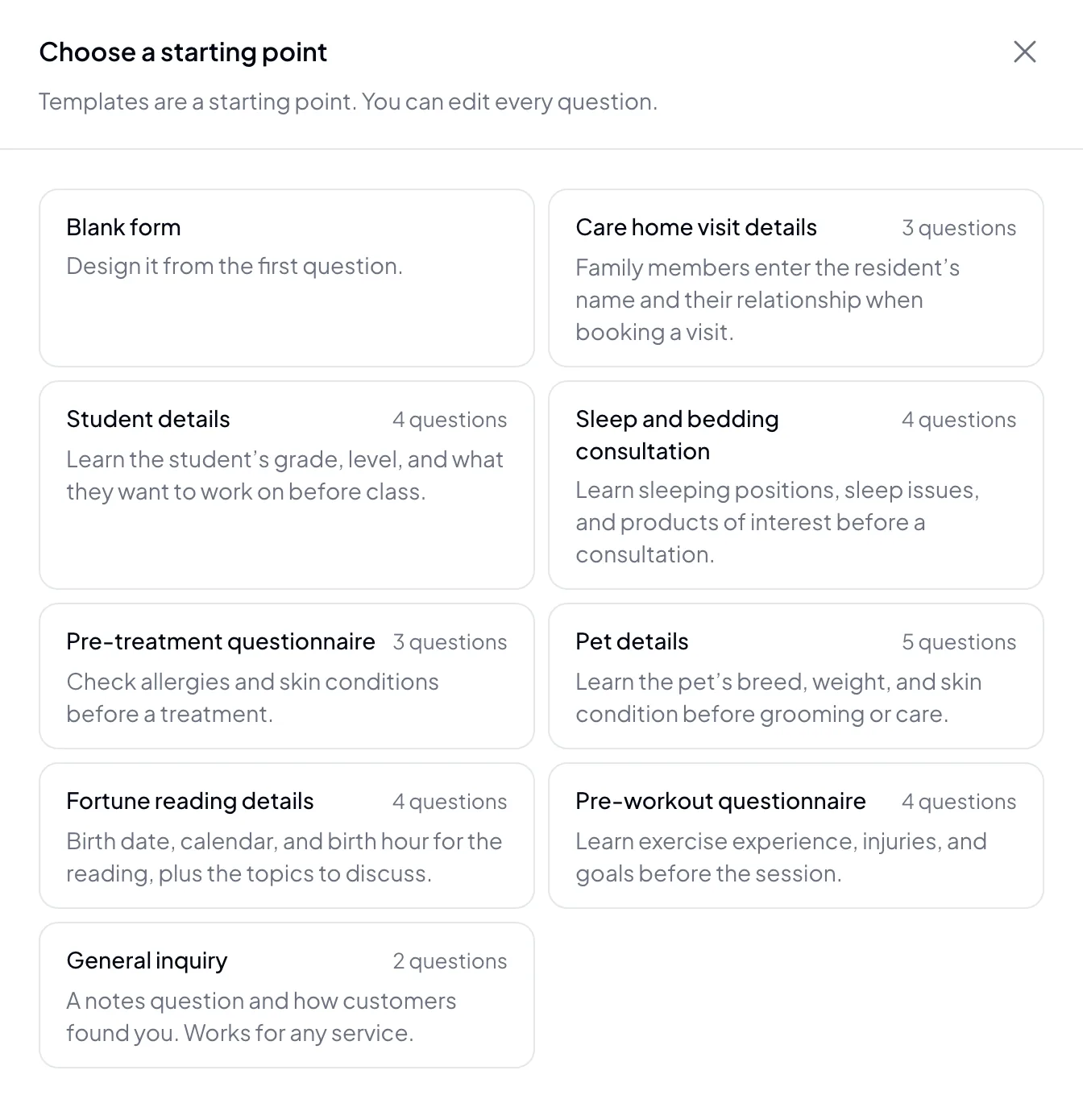 Choose a starting point: a blank form or an industry template.