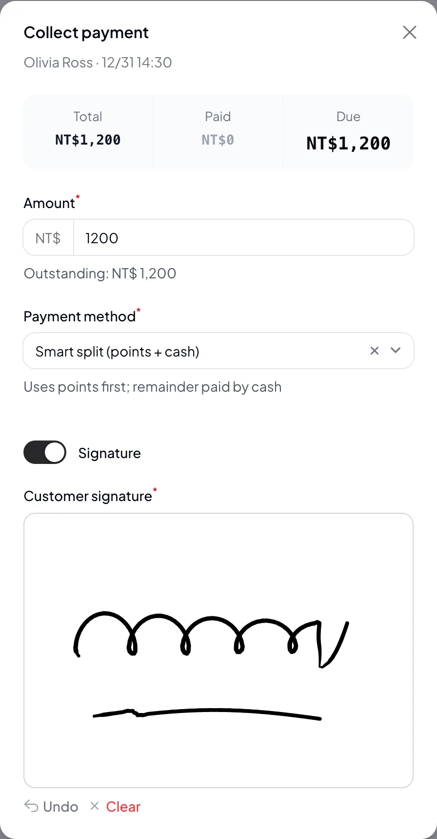 Dolyu payment dialog: points and cash split, confirmed with the customer’s signature