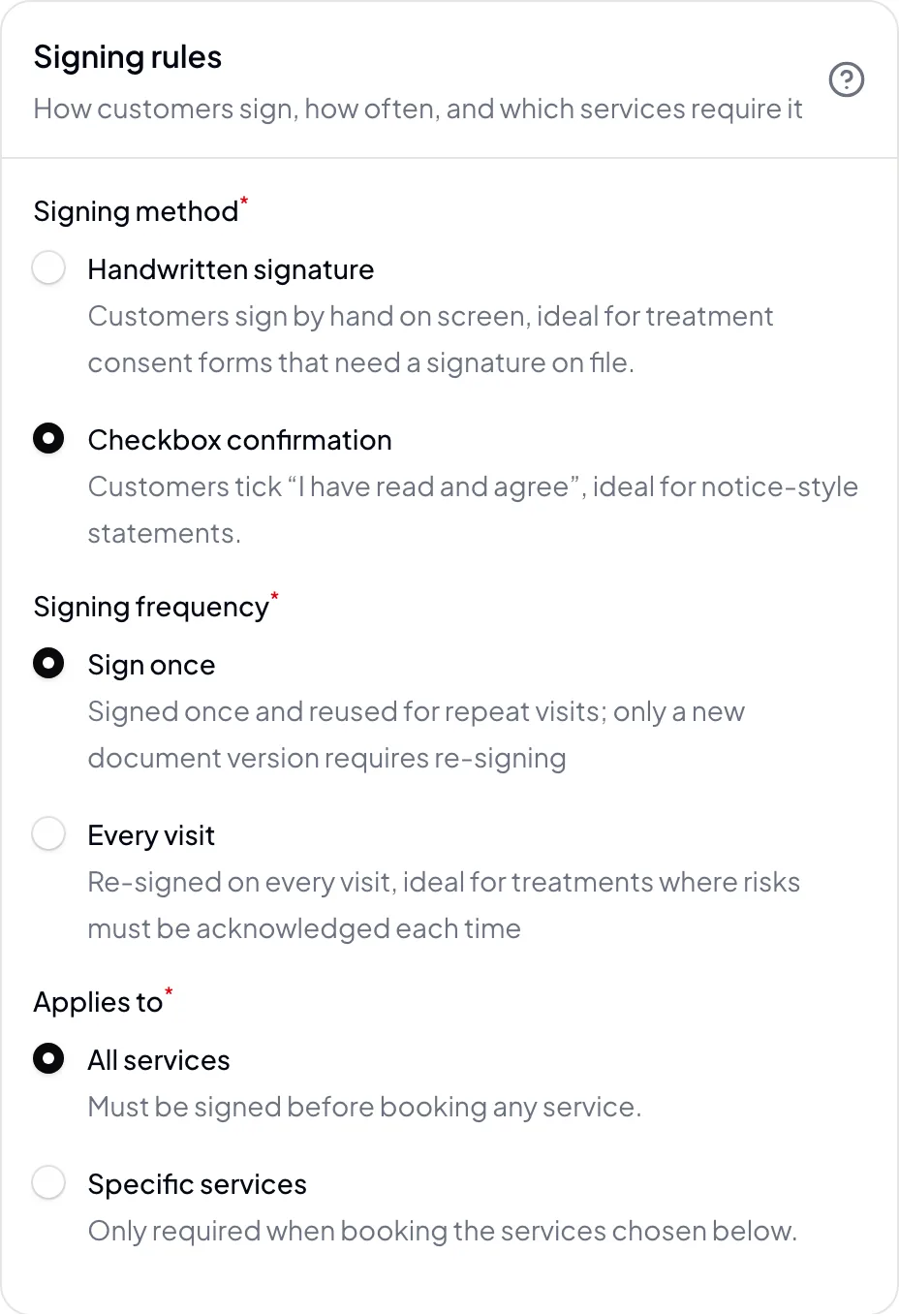 Signing rules for a document: signing method, signing frequency, and applicable services.