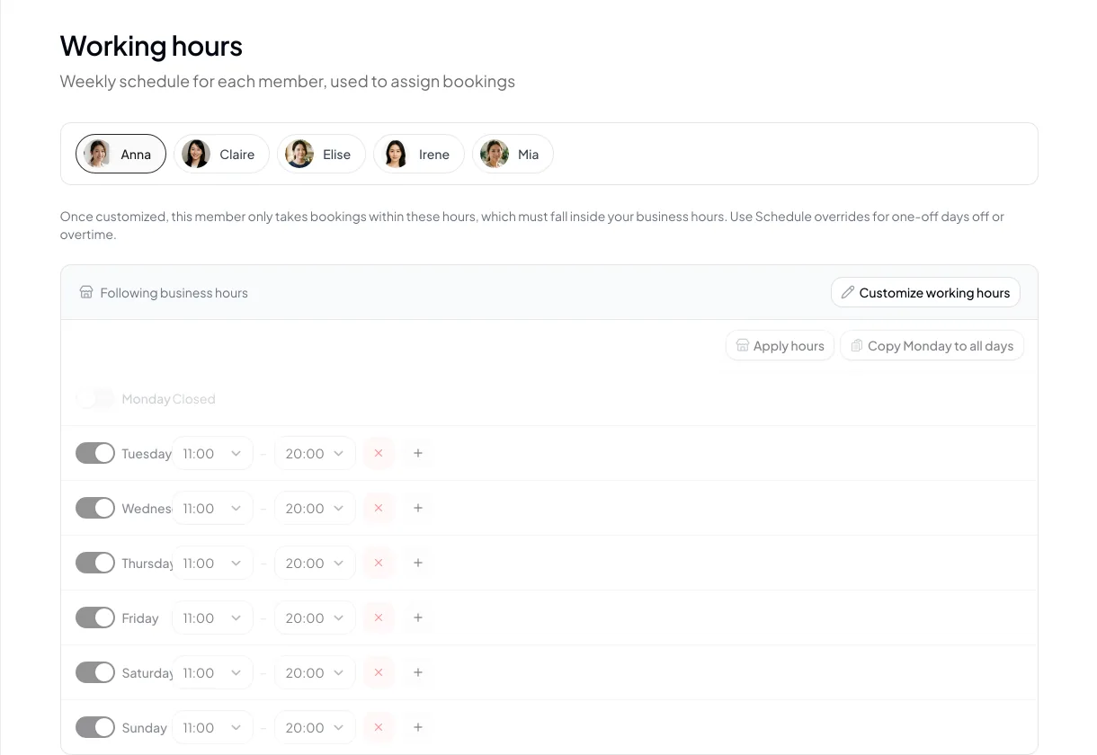 Weekly working hours: follow business hours or set custom hours for each day.