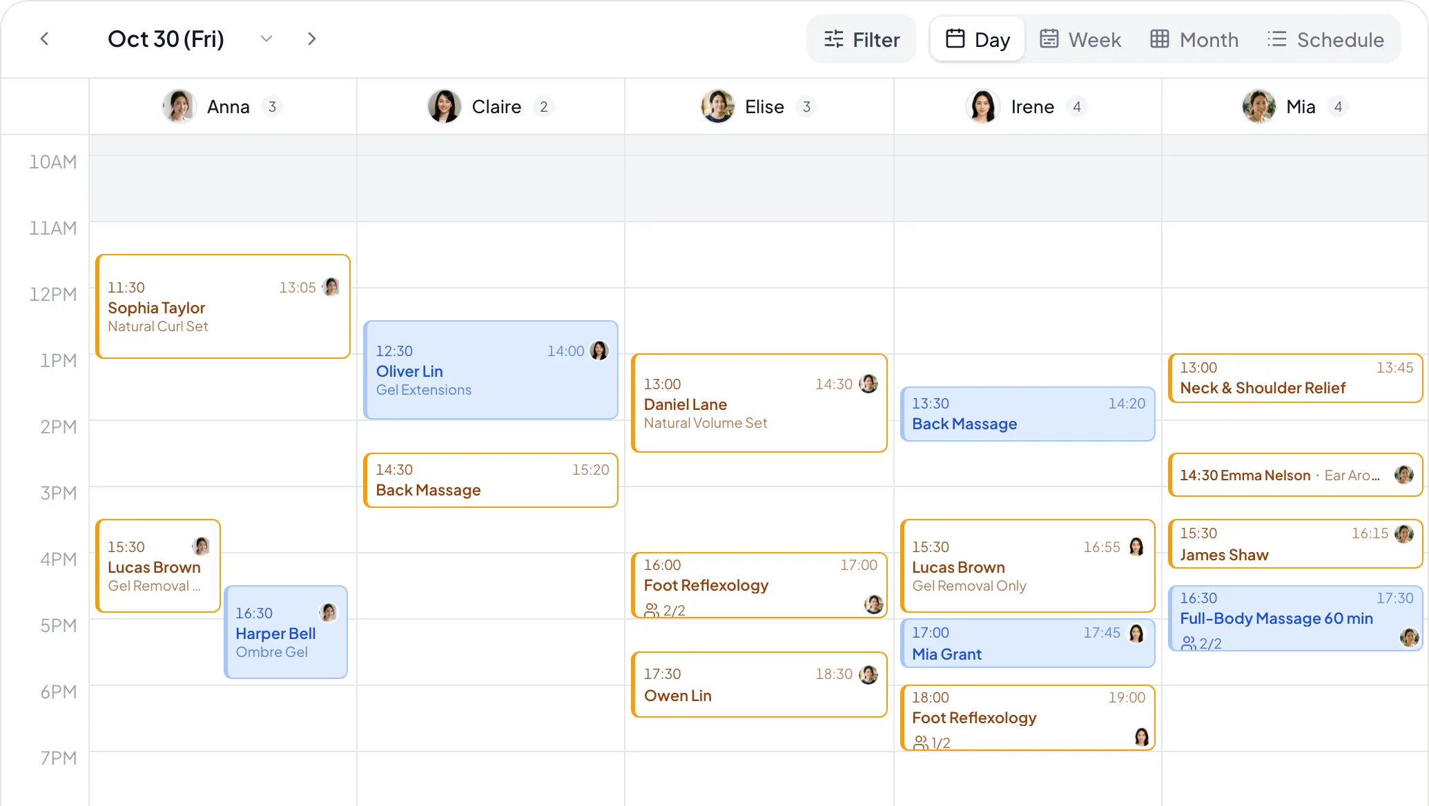 Back-office calendar of the “Nails, lashes, and massage” demo business