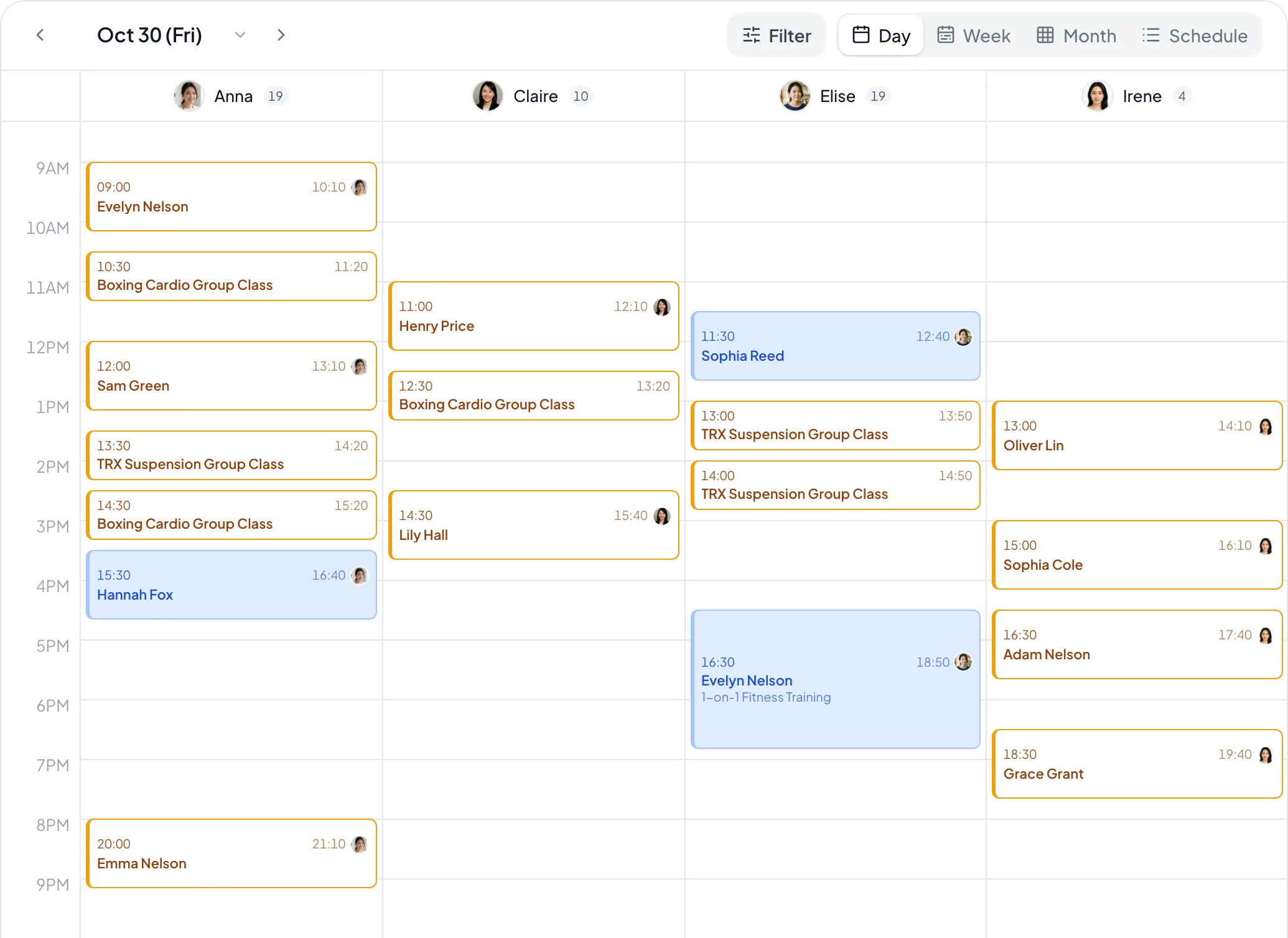 Back-office calendar of the “Fitness training” demo business