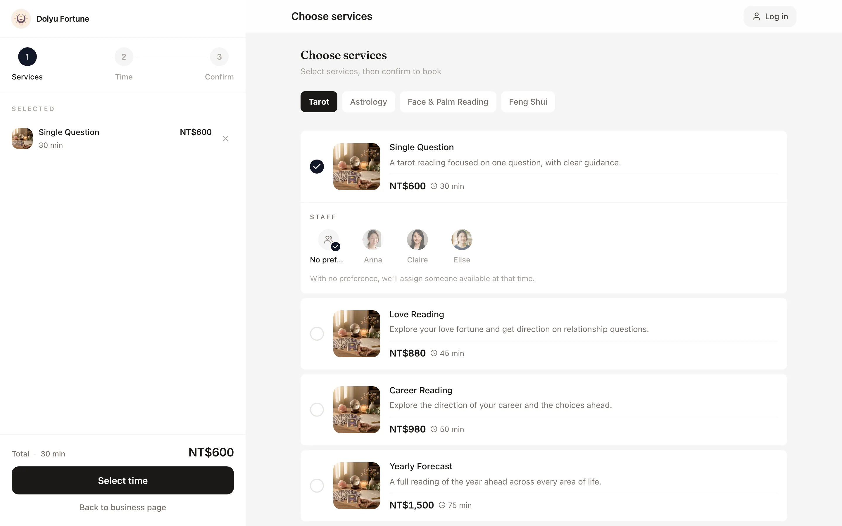 Booking page of the “Tarot reading” demo business: choosing a service