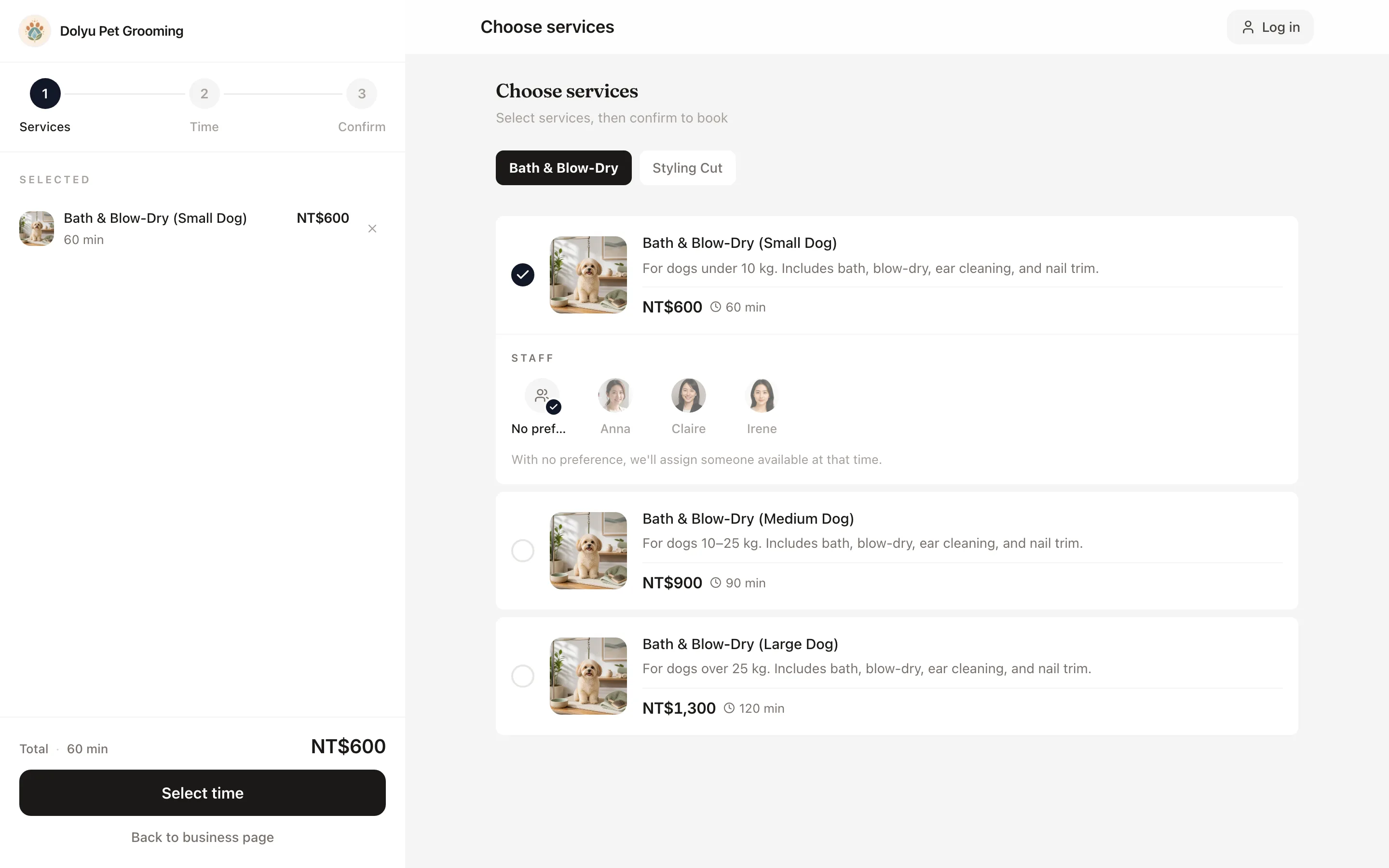 Booking page of the “Pet grooming” demo business: choosing a service