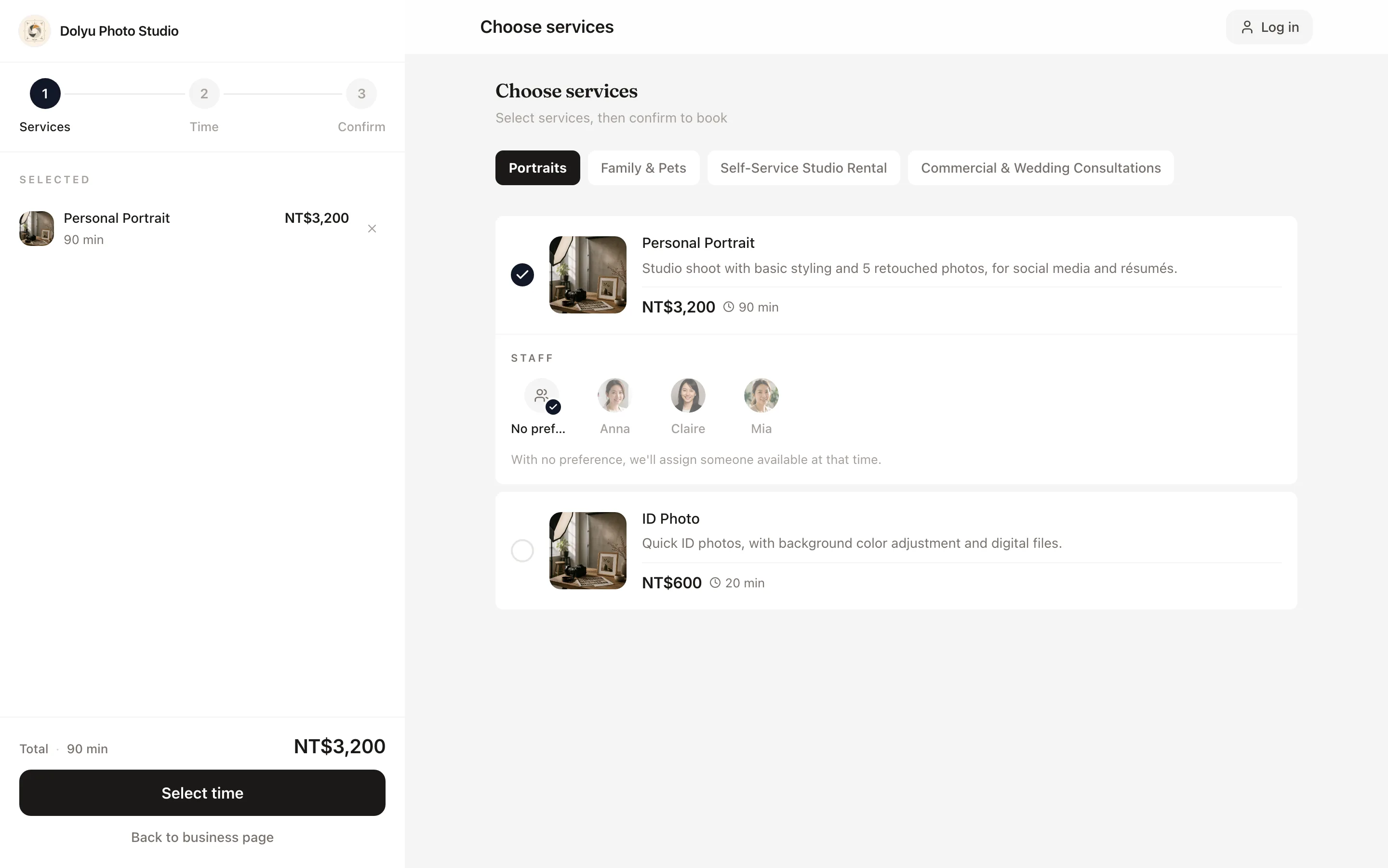 Booking page of the “Photo studio” demo business: choosing a service
