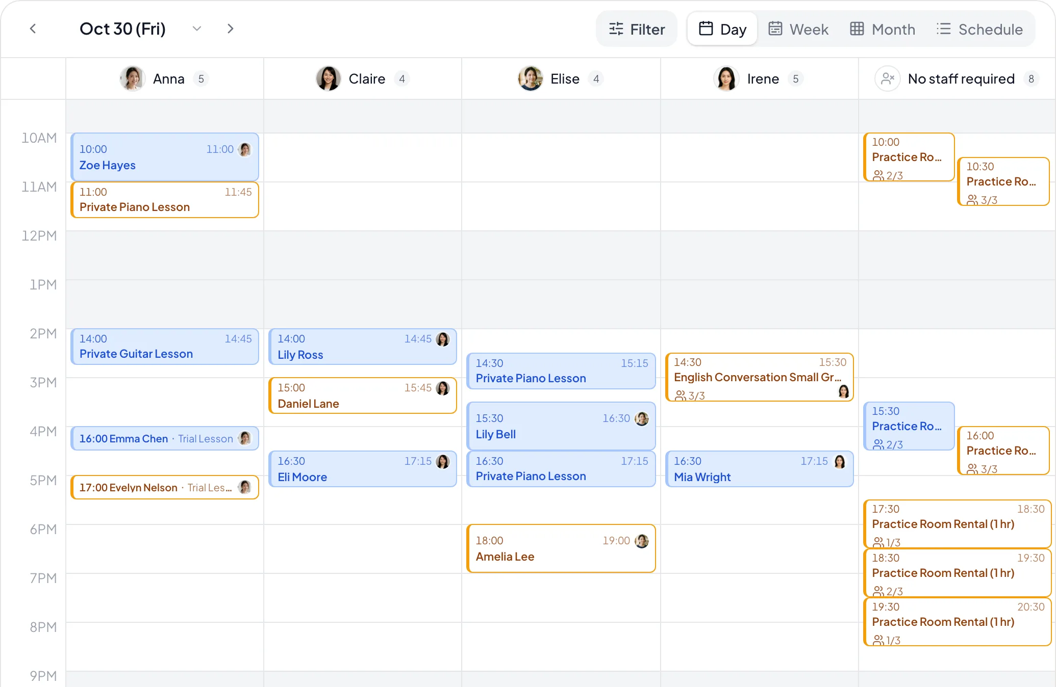 Back-office calendar of the “Music, language, and art lessons” demo business