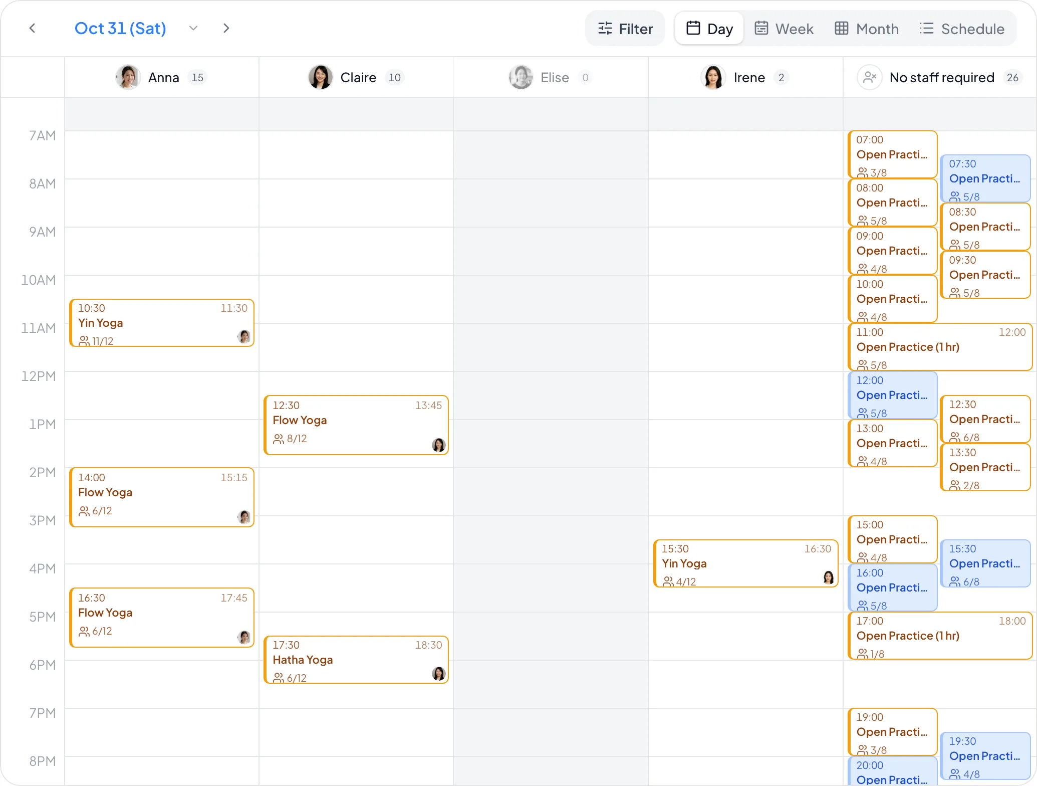 Back-office calendar of the “Group yoga classes” demo business