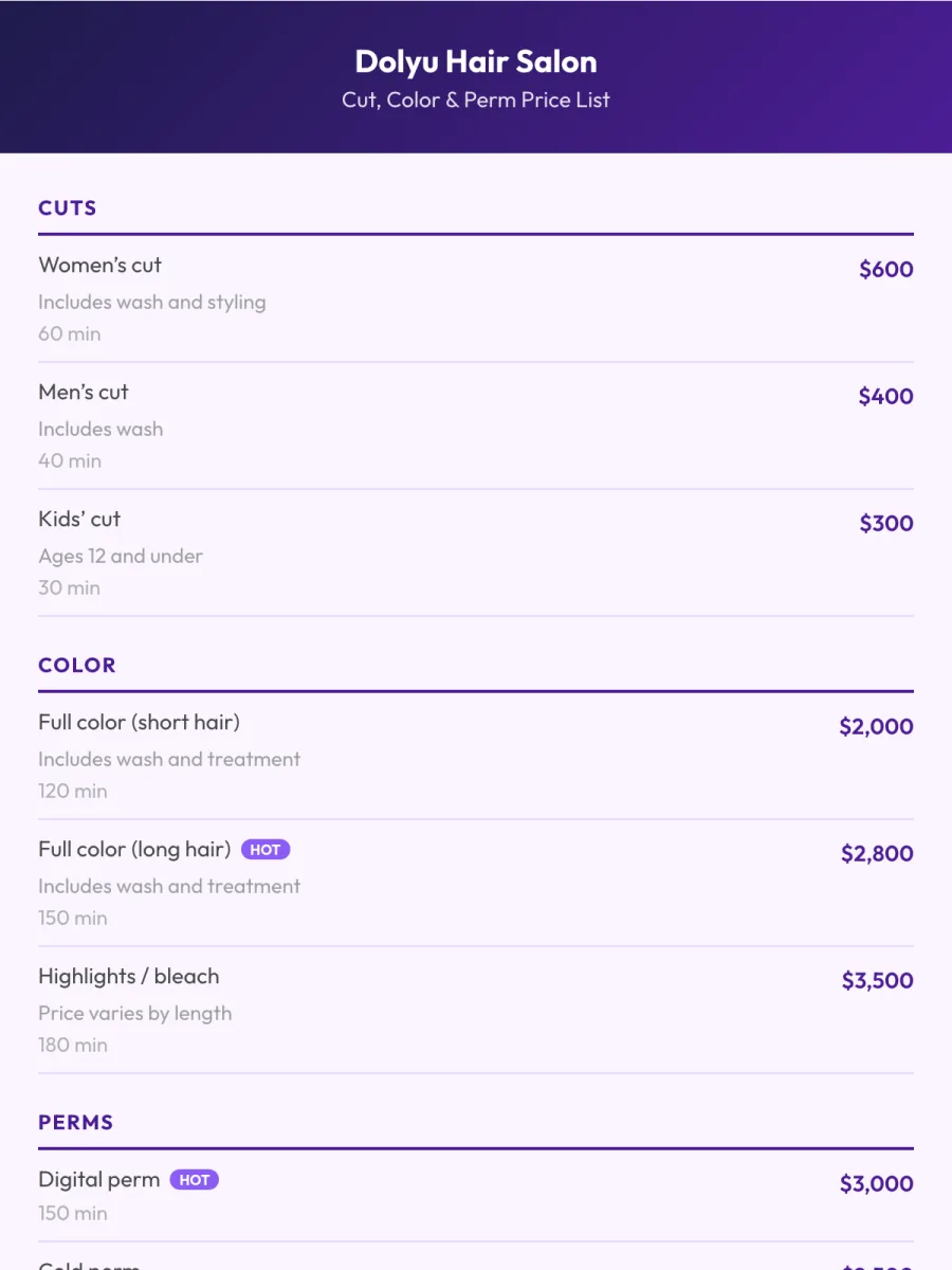 Hair price list template (Modern chic)