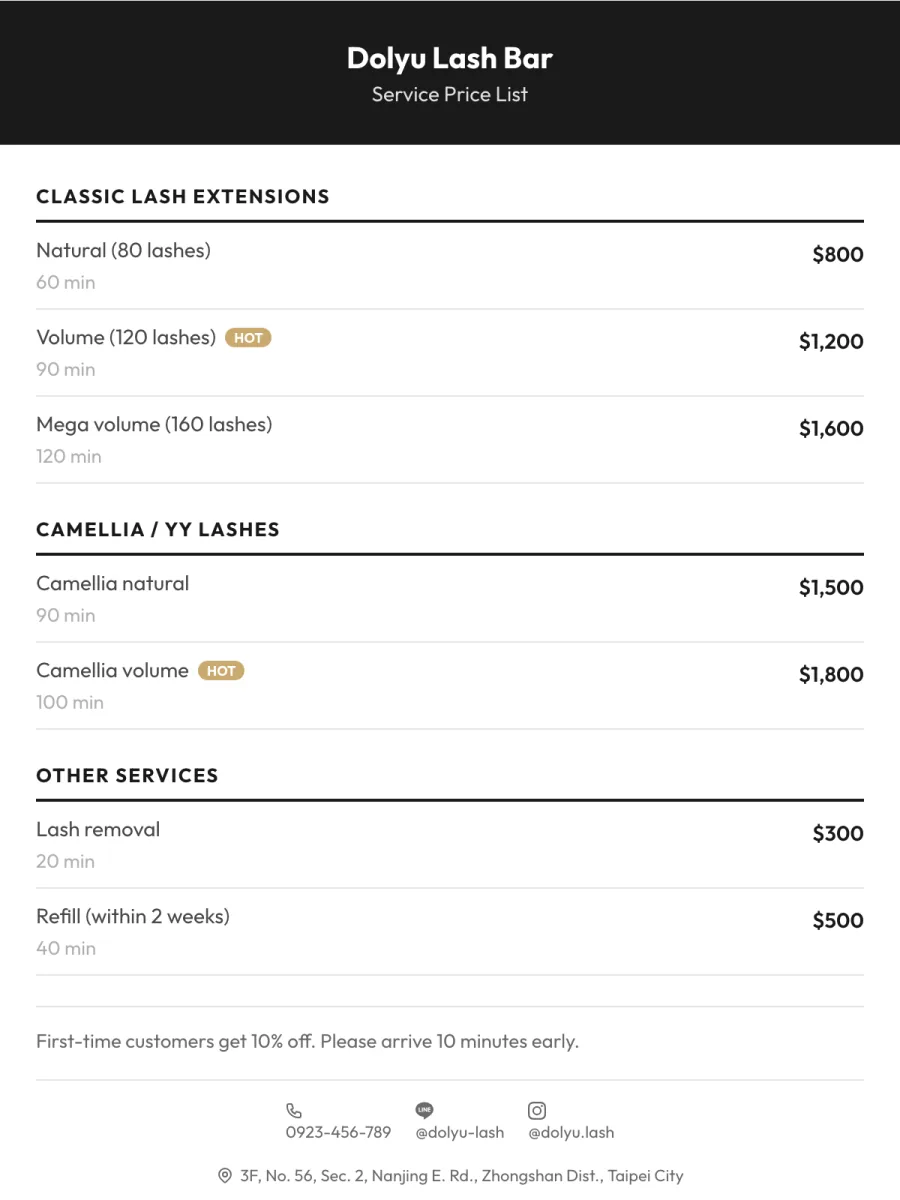 Lash price list template (Elegant classic)