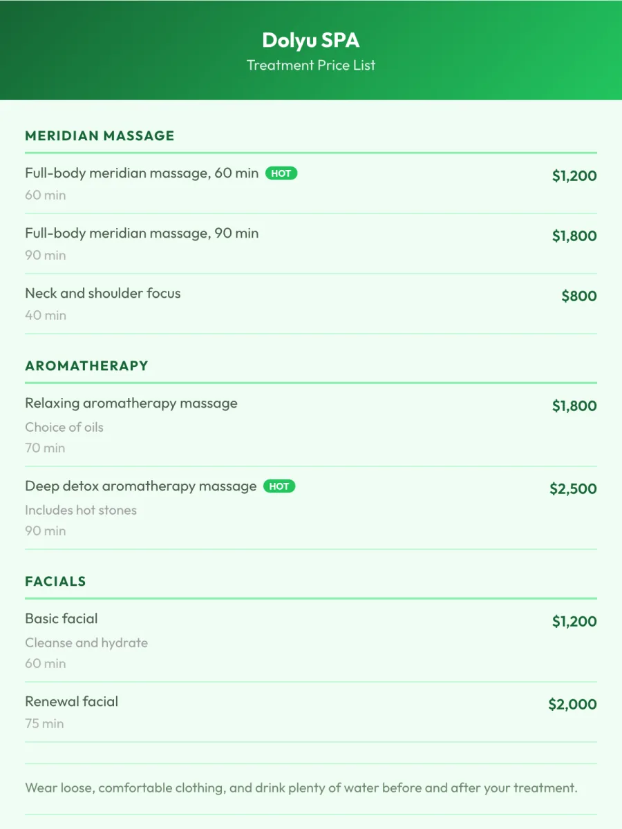 Spa price list template (Fresh natural)