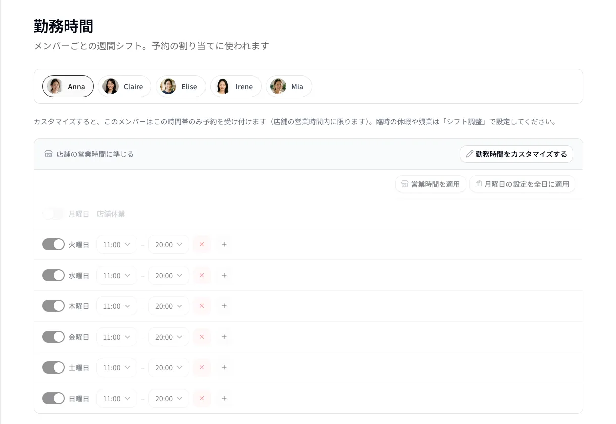 週の勤務時間：営業時間に合わせるか、曜日ごとに時間帯を設定。