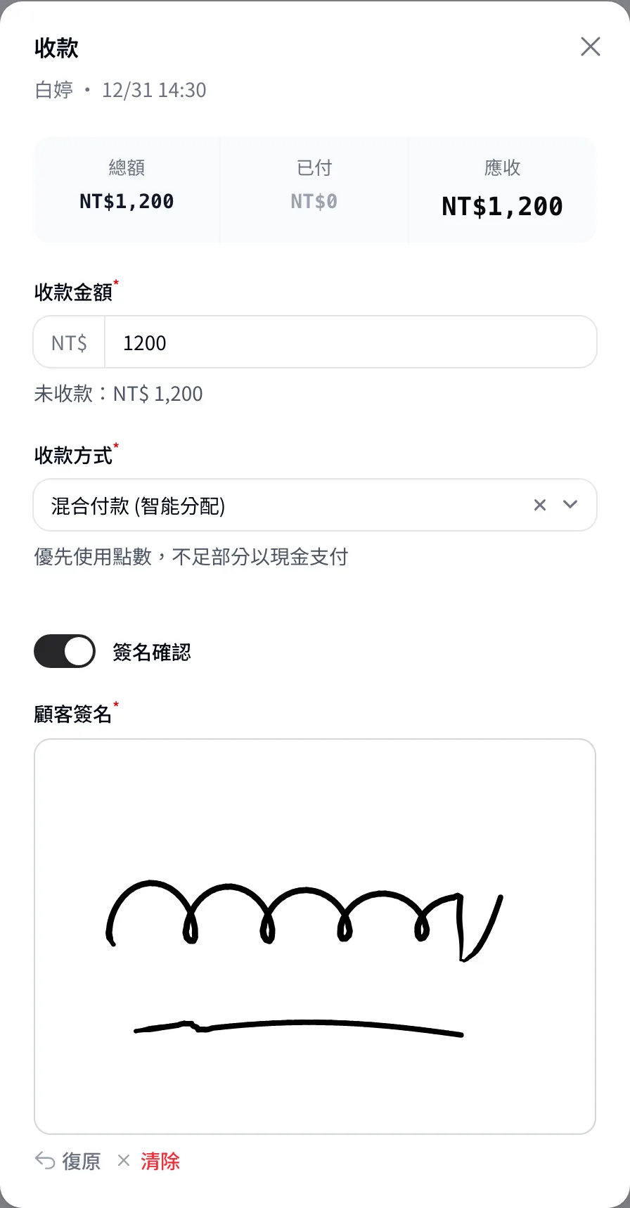 Dolyu 收款視窗：點數與現金混合付款，顧客簽名確認