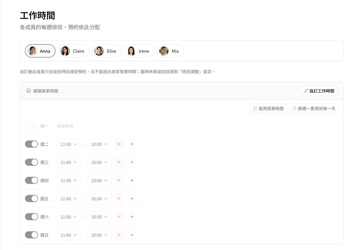 每週工作時間：跟隨營業時間，或自訂每天的時段。